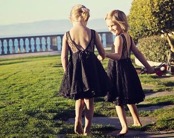 Round Neck Illusion Black Lace Cute V-back Flower Girl Dresses, Little – SposaBridal Round Neck Illusion Black Lace Cute V-back Flower Girl Dresses, Little – SposaBridal