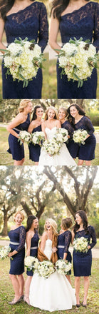 Elegant One Shoulder Long Sleeve Lace Navy Blue Knee Length Short Cheap Bridesmaid Dresses, WG128