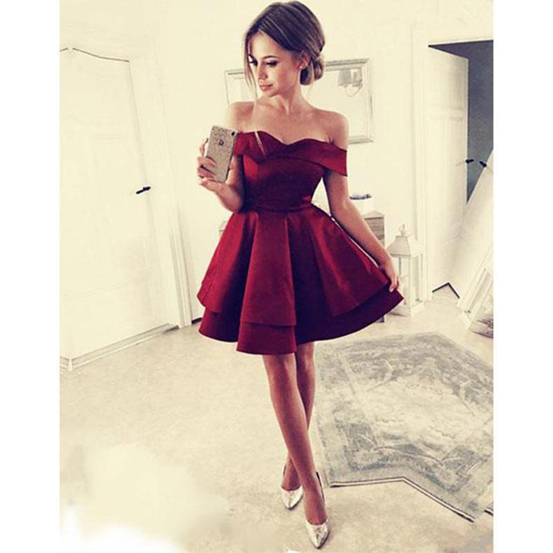 Cheap Simple Off Shoulder Dark Red Homecoming Dresses 2018, CM443 - SposaBridal