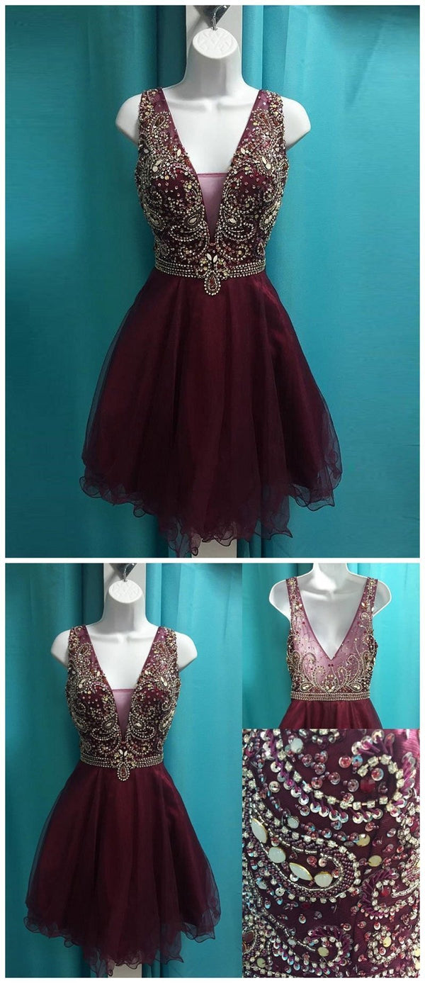 See Through V Neck Cute Beaded Maroon Homecoming Dresses, CM499 SposaBridal See Through V Neck Cute Beaded Maroon Homecoming Dresses, CM499 SposaBridal