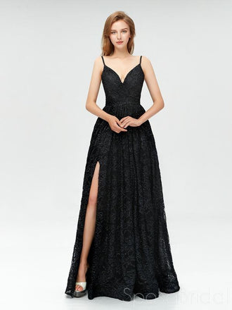 Black Sequins Spaghetti Straps V-neck A-line Slit Prom Dresses, PD0823