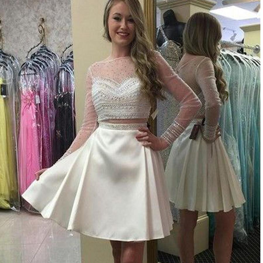 Long sleeve white two pieces simple see through homecoming prom dresse SposaBridal Long sleeve white two pieces simple see through homecoming prom dresse SposaBridal