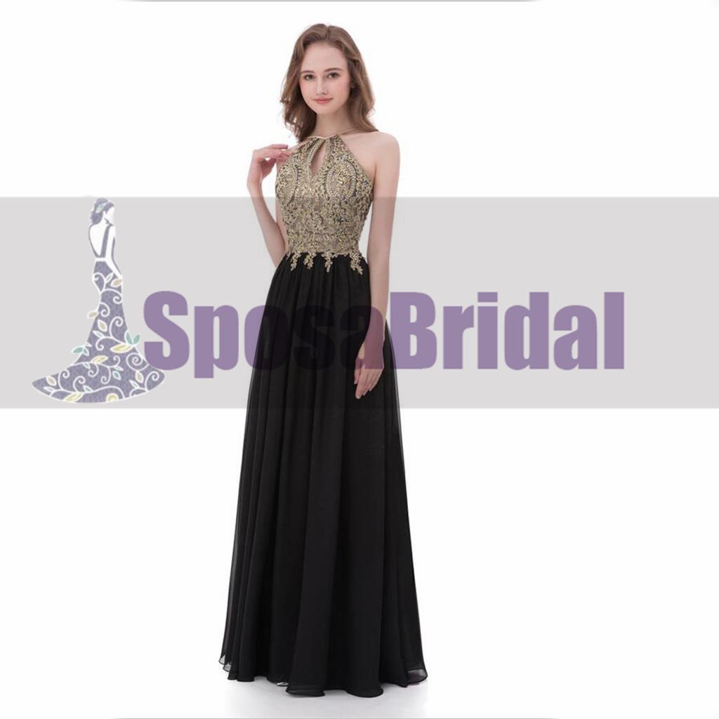 Black Chiffon Gold Halt A-line Gorgeous Prom Dresses, Elegant Formal Prom Dress, PD0480 - SposaBridal