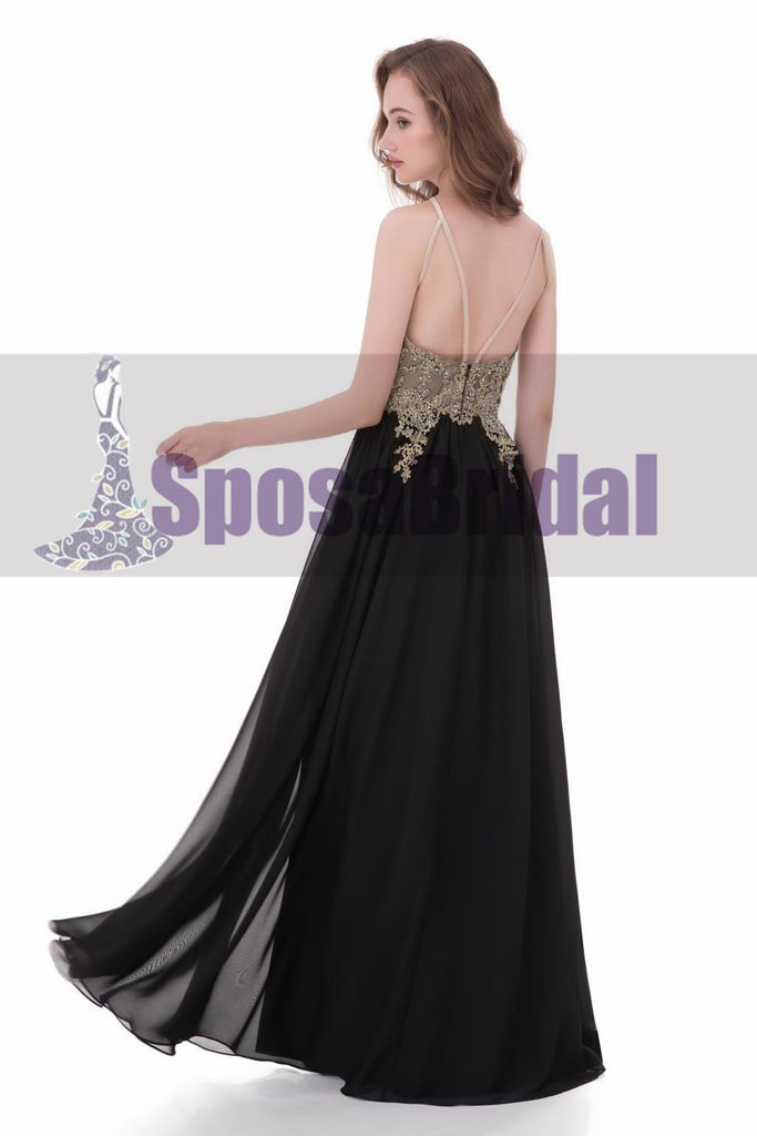 Black Chiffon Gold Halt A-line Gorgeous Prom Dresses, Elegant Formal Prom Dress, PD0480 - SposaBridal