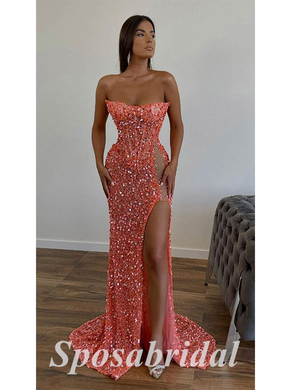 Sexy Sequin Sweetheart Sleeveless Side Slit Mermaid Long Prom Dresses,PD3639