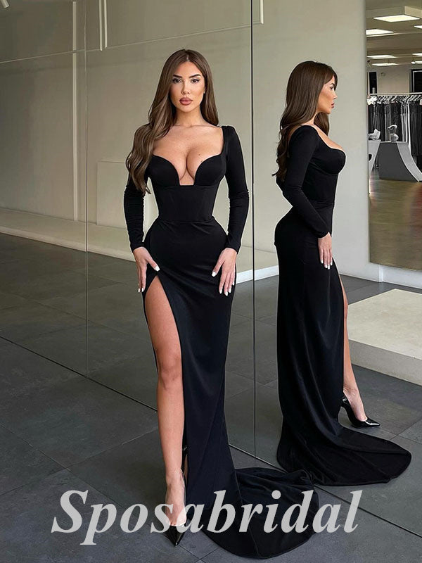 Sexy Jersey Long Sleeves V-Neck Side Slit Mermaid Long Prom Dresses,PD – SposaBridal Sexy Jersey Long Sleeves V-Neck Side Slit Mermaid Long Prom Dresses,PD – SposaBridal