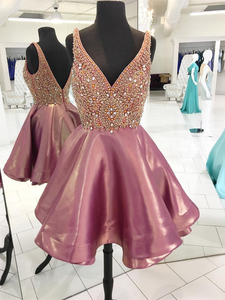 Backless V Neck Heavily Beaded Dusty Pink Homecoming Dresses, CM449 - SposaBridal