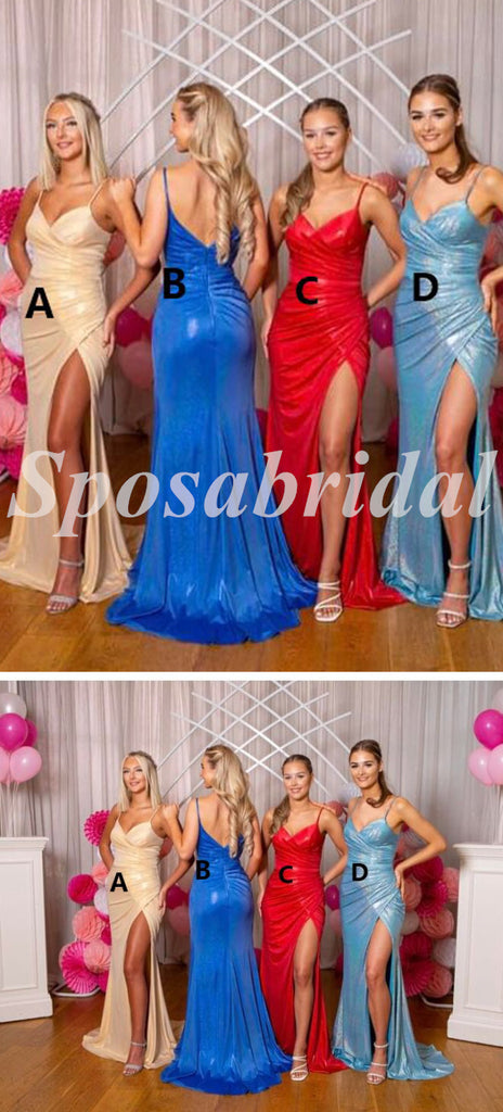 Sexy Spaghetti Straps V-Neck Sleeveless Side slit Mermaid Long Prom Dresses, PD3602
