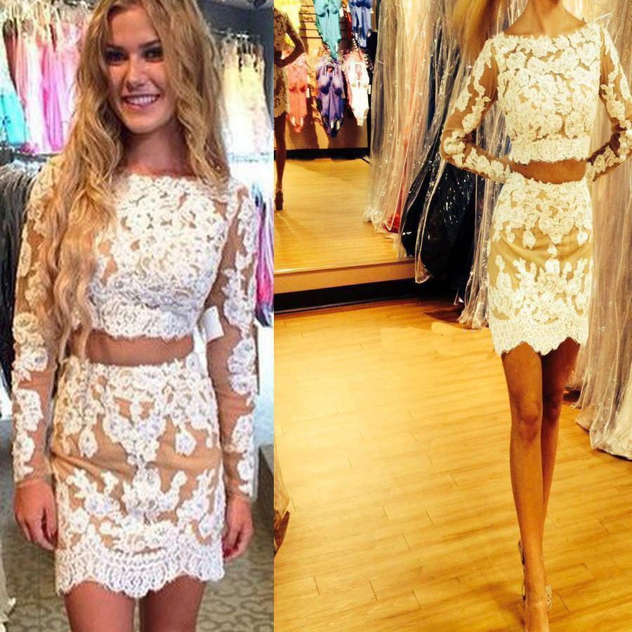 Long sleeve charming  lace two pieces homecoming prom dresses, BD00177