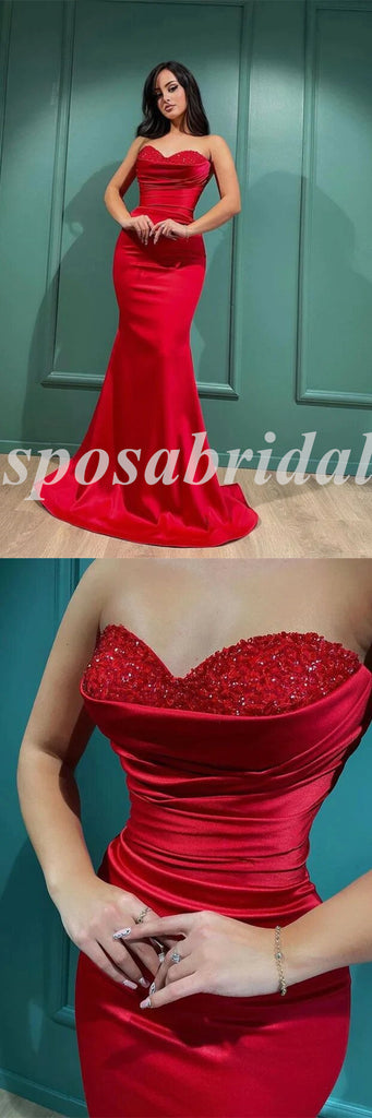 Sexy Sequin And Satin Sweetheart Sleeveless Mermaid Long Prom Dresses, PD3622