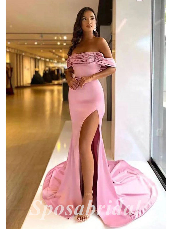 Sexy Sequin Off Shoulder Sleeveless Side Slit Mermaid Long Prom Dresses,PD3675