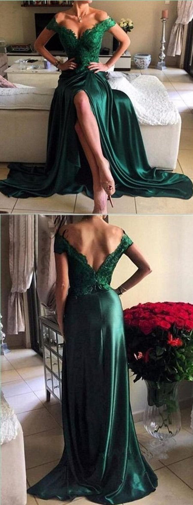 Emerald and Burgundy Lace Top Off Shoulder Side-slit A-line Prom Dresses, PD0692