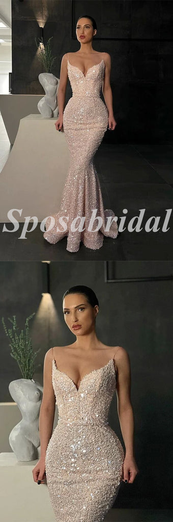 Sexy Sequin Spaghetti Straps V-Neck Sleeveless Mermaid Long Prom Dresses, PD3587