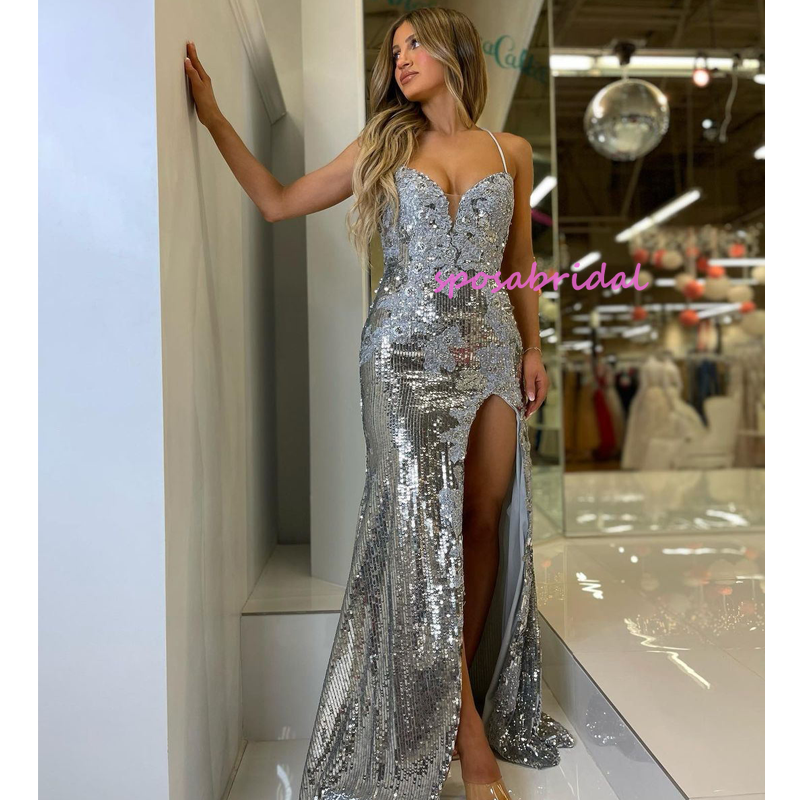 Silver Sequin Halter Slit Mermaid Unique Design, Popular Sexy Prom Dress, PD3001