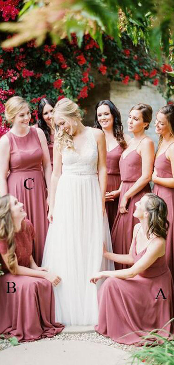 Mismatched Desert Rose Chiffon A-line Long Popular Bridesmaid Dresses, SposaBridal Mismatched Desert Rose Chiffon A-line Long Popular Bridesmaid Dresses, SposaBridal