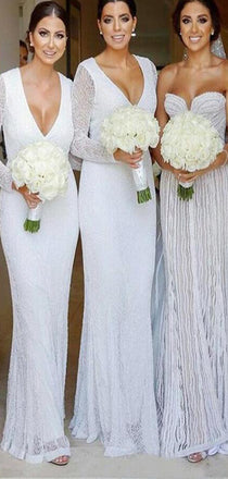Modest Long Sleeves Sheath V-Neck Long Fulle White Lace Bridesmaid Dresses  ,  WG386