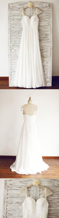 Cap Sleeve Elegant Sea Beach Cheap Chiffon Wedding Dresses With Beading, WD0176 - SposaBridal
