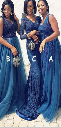 Mismatched Long Blue Elegant  Modest Bridesmaid Dresses with Appliques Beading ,WG392