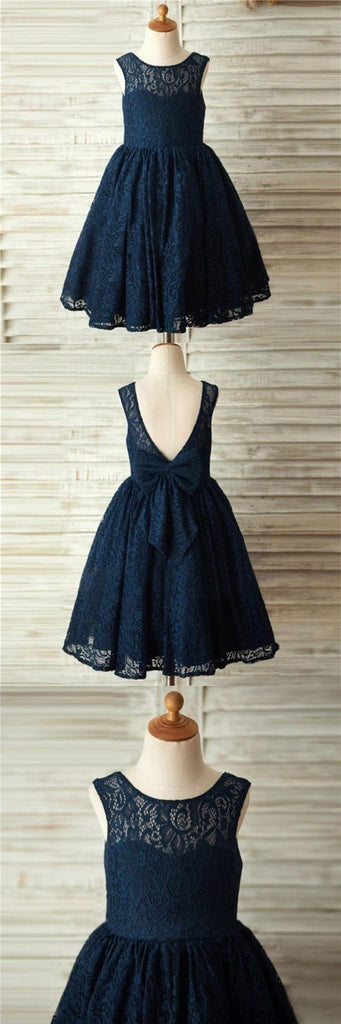 Navy Blue Lace Lovely Cute Flower Girl Dresses with bow , Junior Bridesmaid Dresses, FG084