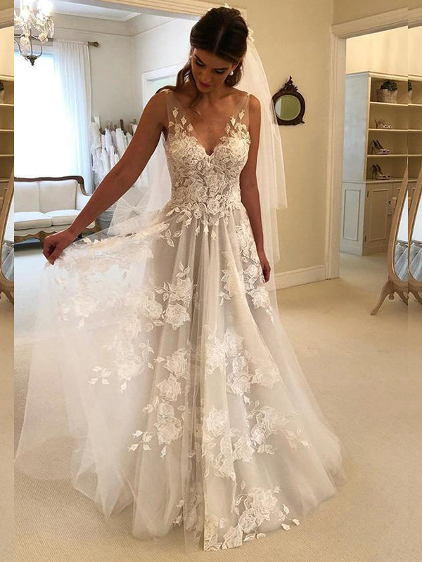 Long Lace Deep V-back A-line Summer Beach Wedding Dresses with appliqu SposaBridal Long Lace Deep V-back A-line Summer Beach Wedding Dresses with appliqu SposaBridal