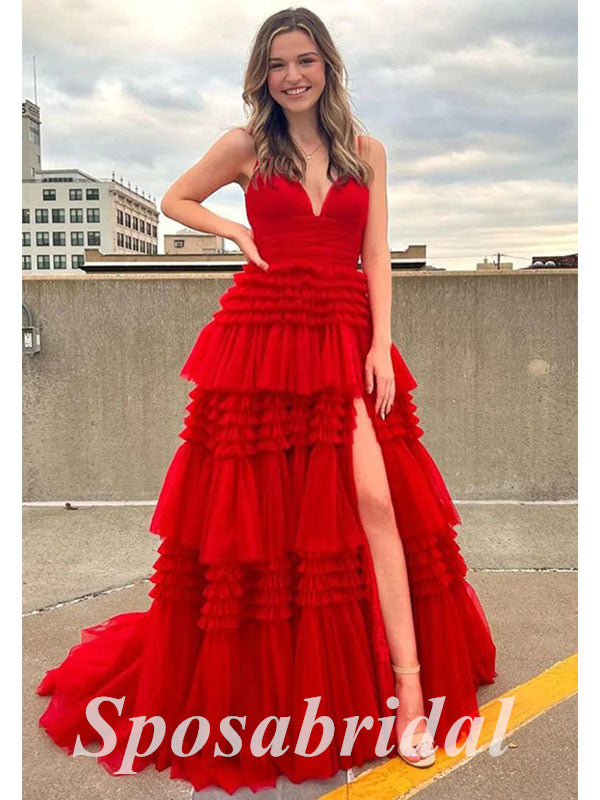 Sexy Red Tulle Spaghetti Straps V-Neck Side Slit A-Line Long Prom Dresses,PD3664