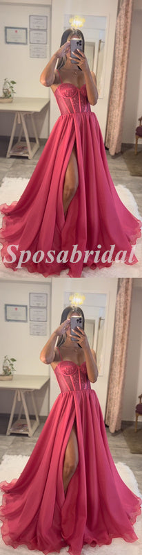 Sexy Spaghetti Straps V-Neck Sleeveless Side Slit A-Line Long Prom Dresses,PD3630