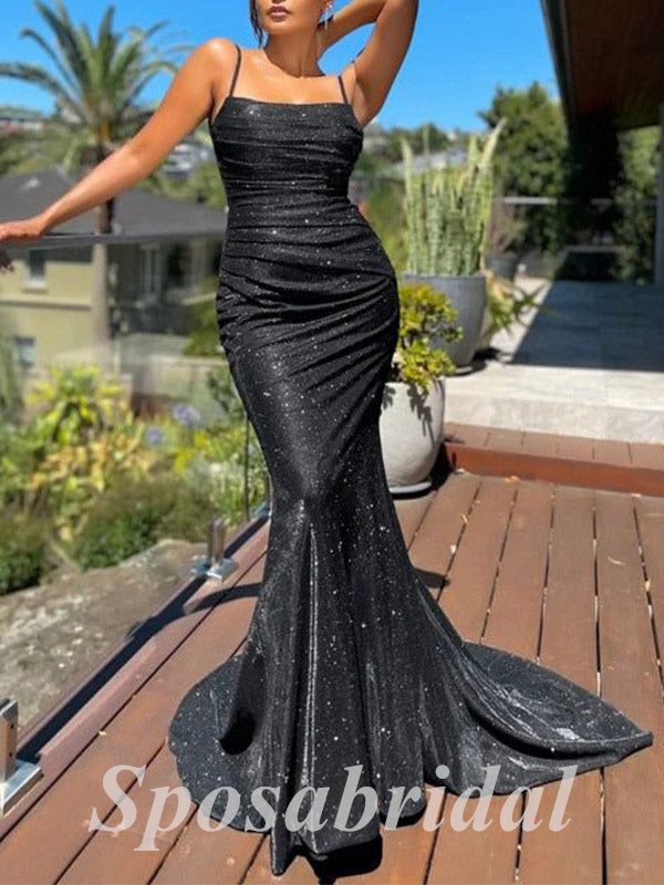Sexy Special Fabric Spaghetti Straps Sleeveless Backless Mermaid Long Prom Dresses, PD3606