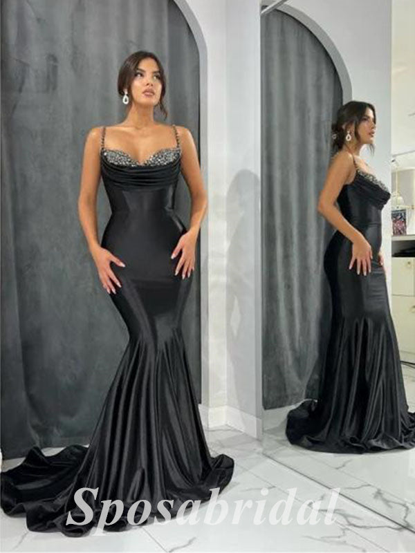 Elegant Satin Spaghetti Straps Sleeveless Mermaid Long Prom Dresses,PD3693