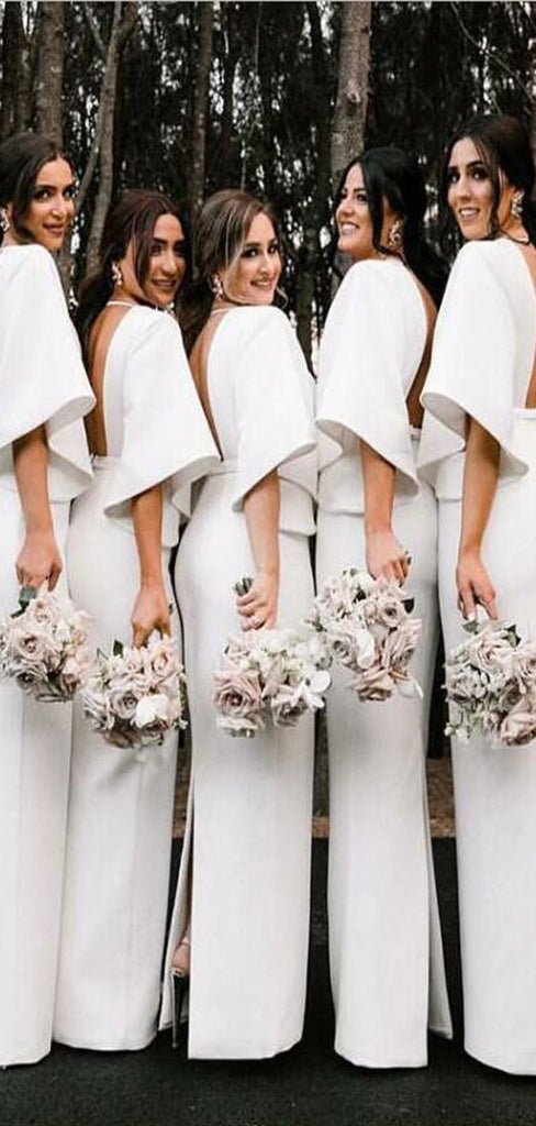 Fashion Unique Design Deep V-Neck Floor Length White Satin Bridesmaid Dresses , WG395