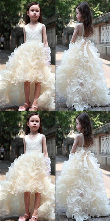 V-neck Hi-low Ivory Flower Girl Dresses, Cute Cheap Tutu Dresses, FG014