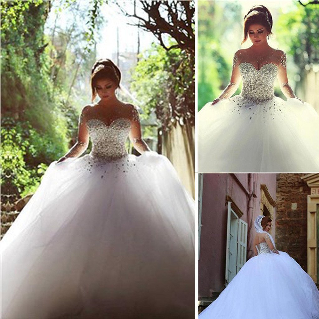 Gorgeous Illusion Long Sleeve Beaded Rhinestone Popular Ball Gown Wedding Dress, WD0200