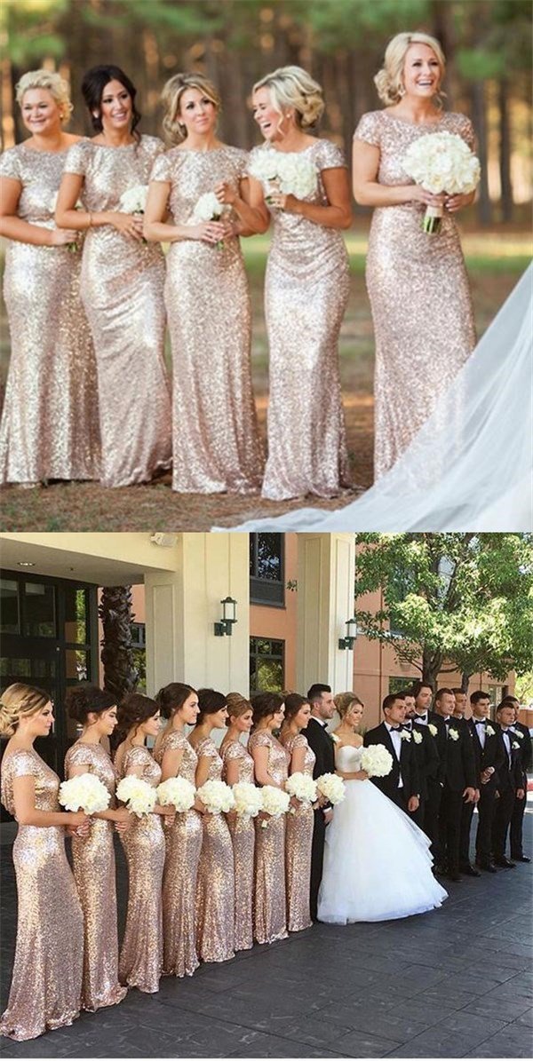 Sparkly Elegant Mermaid Champagne Cap-sleeve Long Bridesmaid Dresses, SposaBridal Sparkly Elegant Mermaid Champagne Cap-sleeve Long Bridesmaid Dresses, SposaBridal