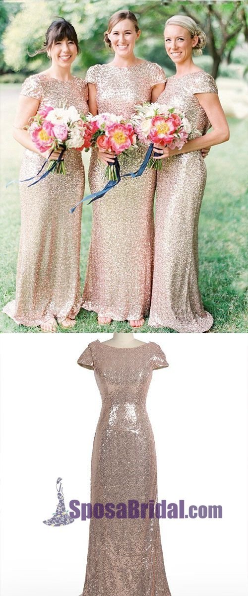 Sparkly Elegant Mermaid Champagne Cap-sleeve Long Bridesmaid Dresses, SposaBridal Sparkly Elegant Mermaid Champagne Cap-sleeve Long Bridesmaid Dresses, SposaBridal