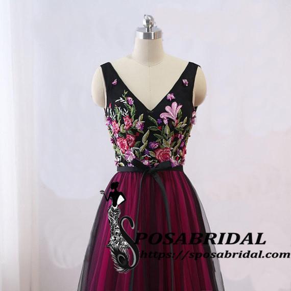 Long Black Women Evening Dress, Vintage Embellish Embroidery Floral Bridesmaid Dresses, WG320