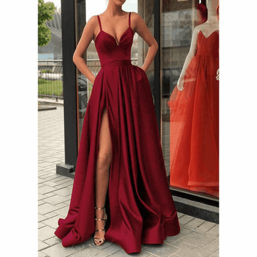 Halter Beaded Long A-line Satin Prom Dresses, PD0874