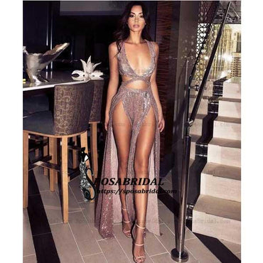 2019 Charming A-Line Sexy Sequin Sparkly Rose Gold Split Modest Party Prom Dresses, PD0900 - SposaBridal