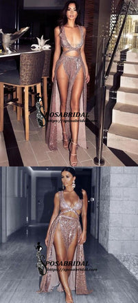 2019 Charming A-Line Sexy Sequin Sparkly Rose Gold Split Modest Party Prom Dresses, PD0900 - SposaBridal