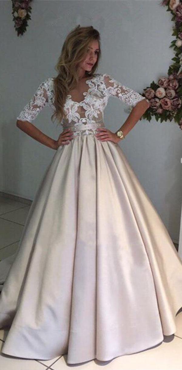 Elegant Champagne Gold Modest Half-sleeve Lace Top A-line Wedding Dres SposaBridal Elegant Champagne Gold Modest Half-sleeve Lace Top A-line Wedding Dres SposaBridal