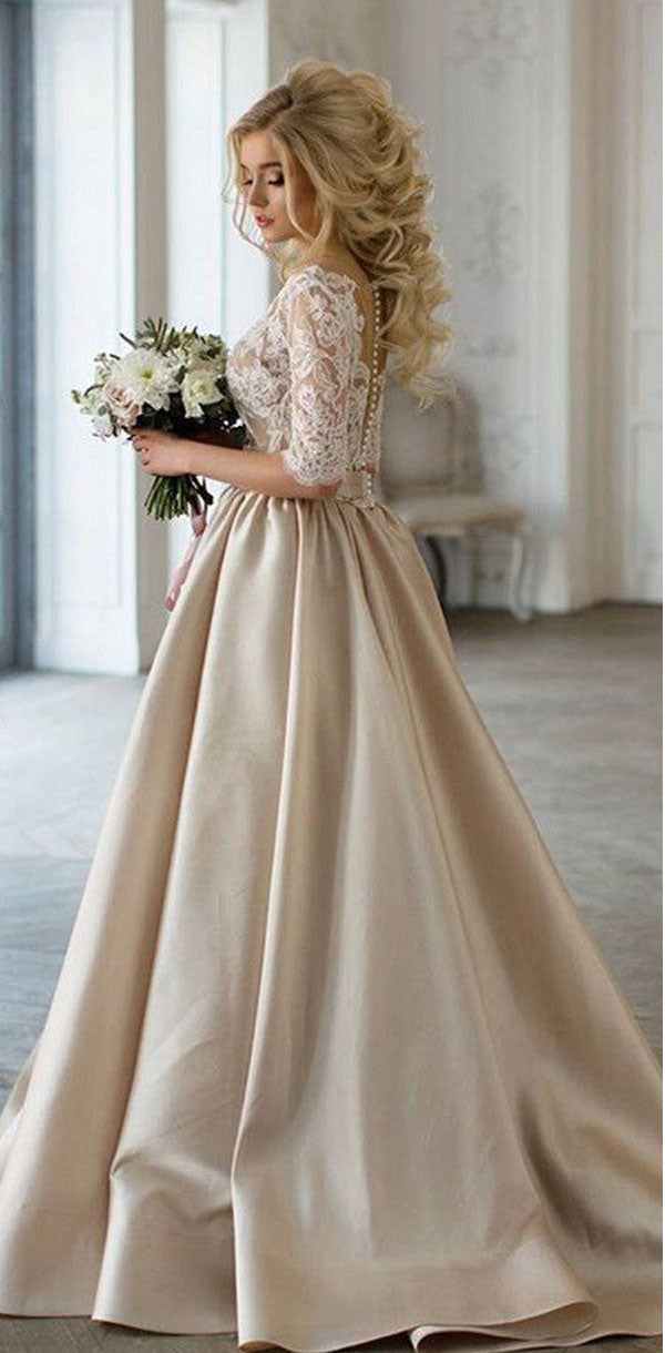 Elegant Champagne Gold Modest Half-sleeve Lace Top A-line Wedding Dres SposaBridal Elegant Champagne Gold Modest Half-sleeve Lace Top A-line Wedding Dres SposaBridal