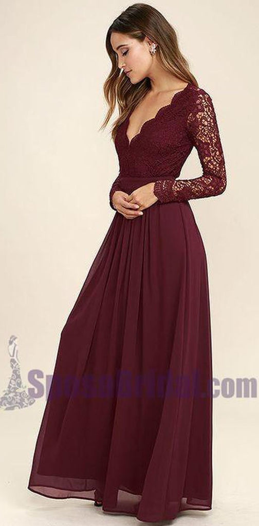 Cheap Chiffon Lace top Long Sleeves Custom Popular Open Back Bridesmaid Dress, WG215