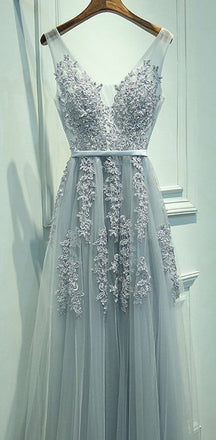 2019 Custom  Cheap V Neckline Grey Lace Evening Tulle Long Party  online Prom Dress,  PD0324 - SposaBridal