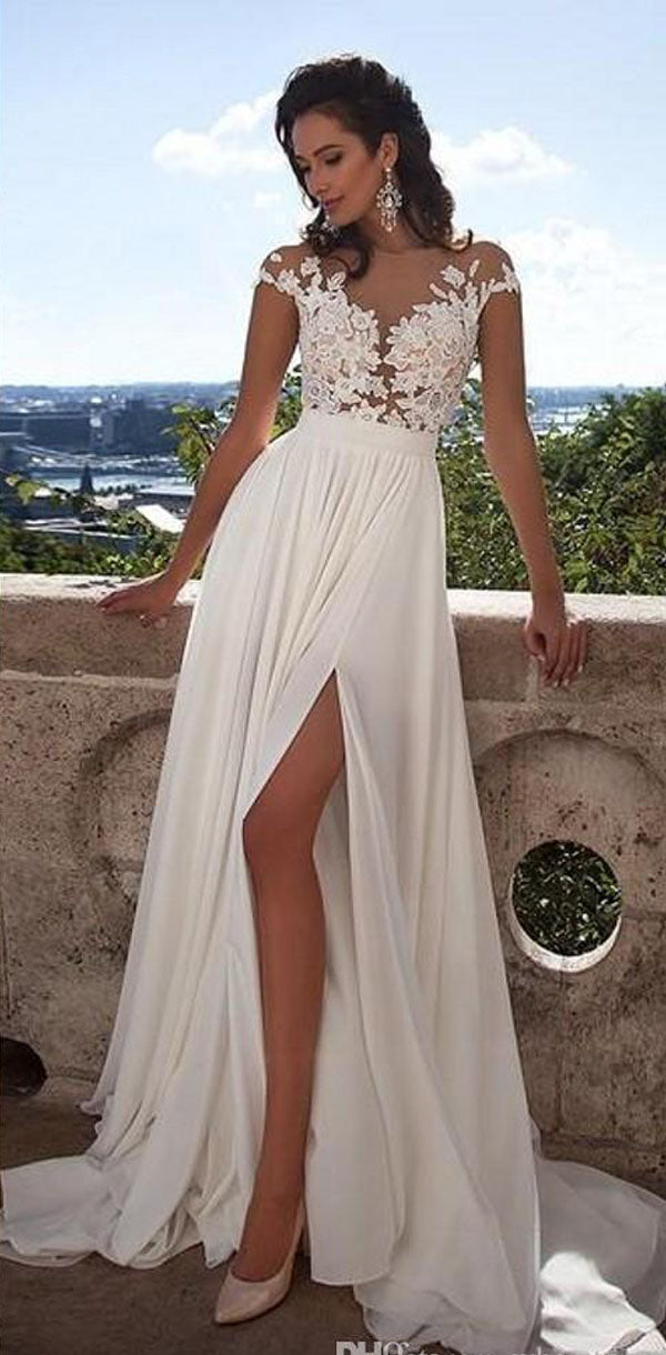 Sexy Boho Lace Top Side-slit Cheap A-line Long Beach Wedding Dress, PD SposaBridal Sexy Boho Lace Top Side-slit Cheap A-line Long Beach Wedding Dress, PD SposaBridal