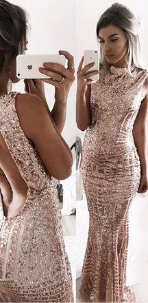 Pink Open Back Sequin Sparkly Mermaid Sexy Long Prom Dresses, PD0609