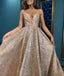 Charming Spaghetti Straps V-neck A-line Sparkly Modest Prom Dresses, PD0931