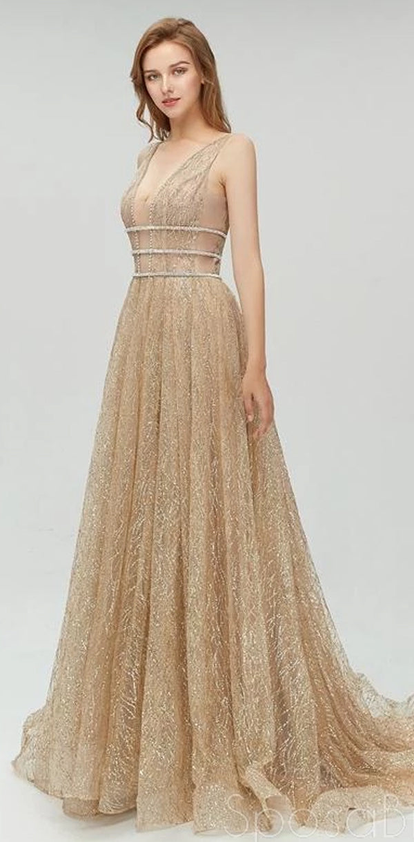 Sexy Sparkly Champagne Gold Elegant Deep V-neck Open Back Prom Dresses SposaBridal Sexy Sparkly Champagne Gold Elegant Deep V-neck Open Back Prom Dresses SposaBridal