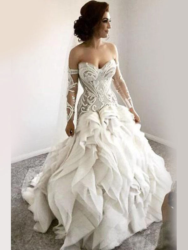Modest Strapless Lace Top Ruffles New Off the Shoulder Wedding Dresses SposaBridal Modest Strapless Lace Top Ruffles New Off the Shoulder Wedding Dresses SposaBridal