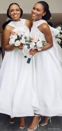 Elegant Ivory Grecian Lace Top A-line Tea-length Bow Tie Bridesmaid dresses, WG759