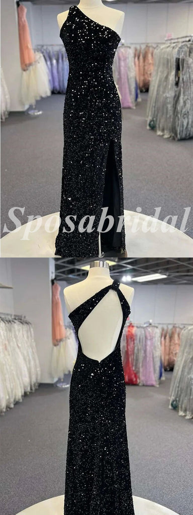 Sexy Black Sequin One Shoulder Backless Side Slit Mermaid Long Prom Dresses, PD3590