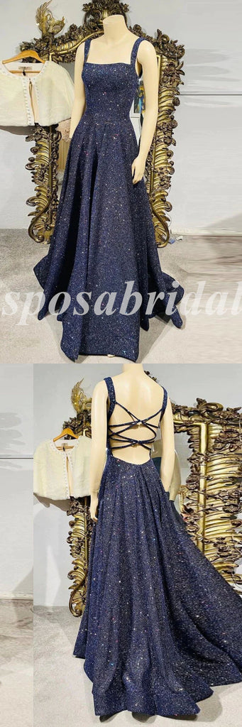 Sexy Shiny Sequin Spaghetti Straps Sleeveless A-Line Long Prom Dresses, PD3610