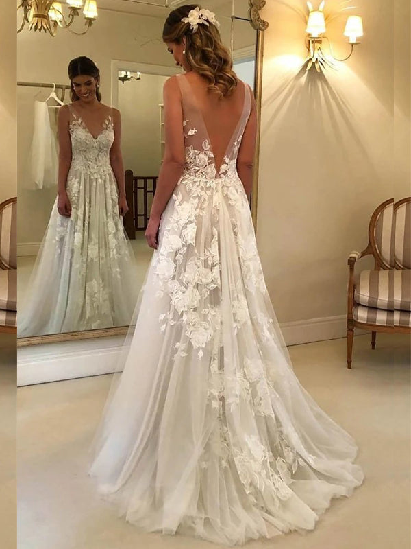 Long Lace Deep V-back A-line Summer Beach Wedding Dresses with